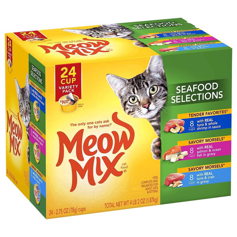 slide 8 of 27, Meow Mix Seafood Selects Wet Cat Food Variety Pack, 24 Cups, 2.75 Oz. Each (Packaging And Formulation Updates Underway), 24 ct