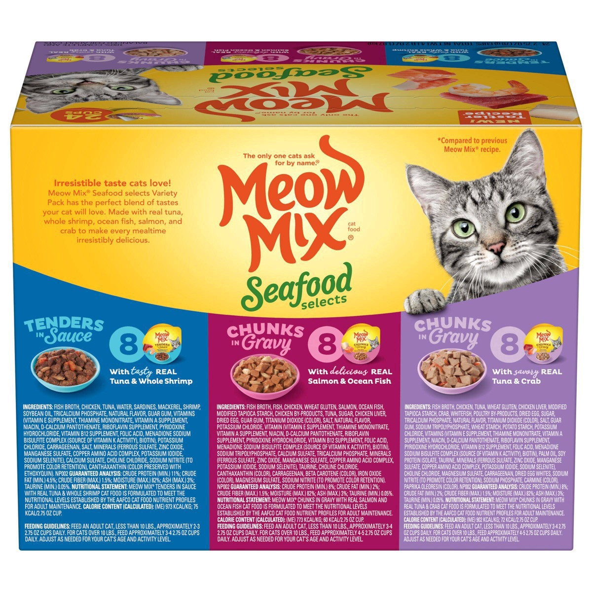 slide 7 of 27, Meow Mix Seafood Selects Wet Cat Food Variety Pack, 24 Cups, 2.75 Oz. Each (Packaging And Formulation Updates Underway), 24 ct