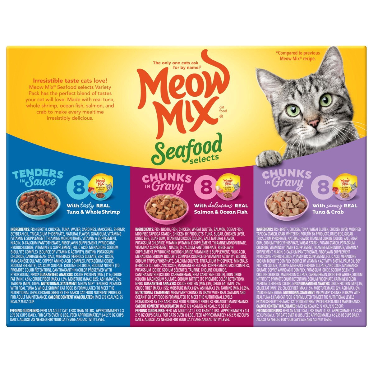 slide 12 of 27, Meow Mix Seafood Selects Wet Cat Food Variety Pack, 24 Cups, 2.75 Oz. Each (Packaging And Formulation Updates Underway), 24 ct