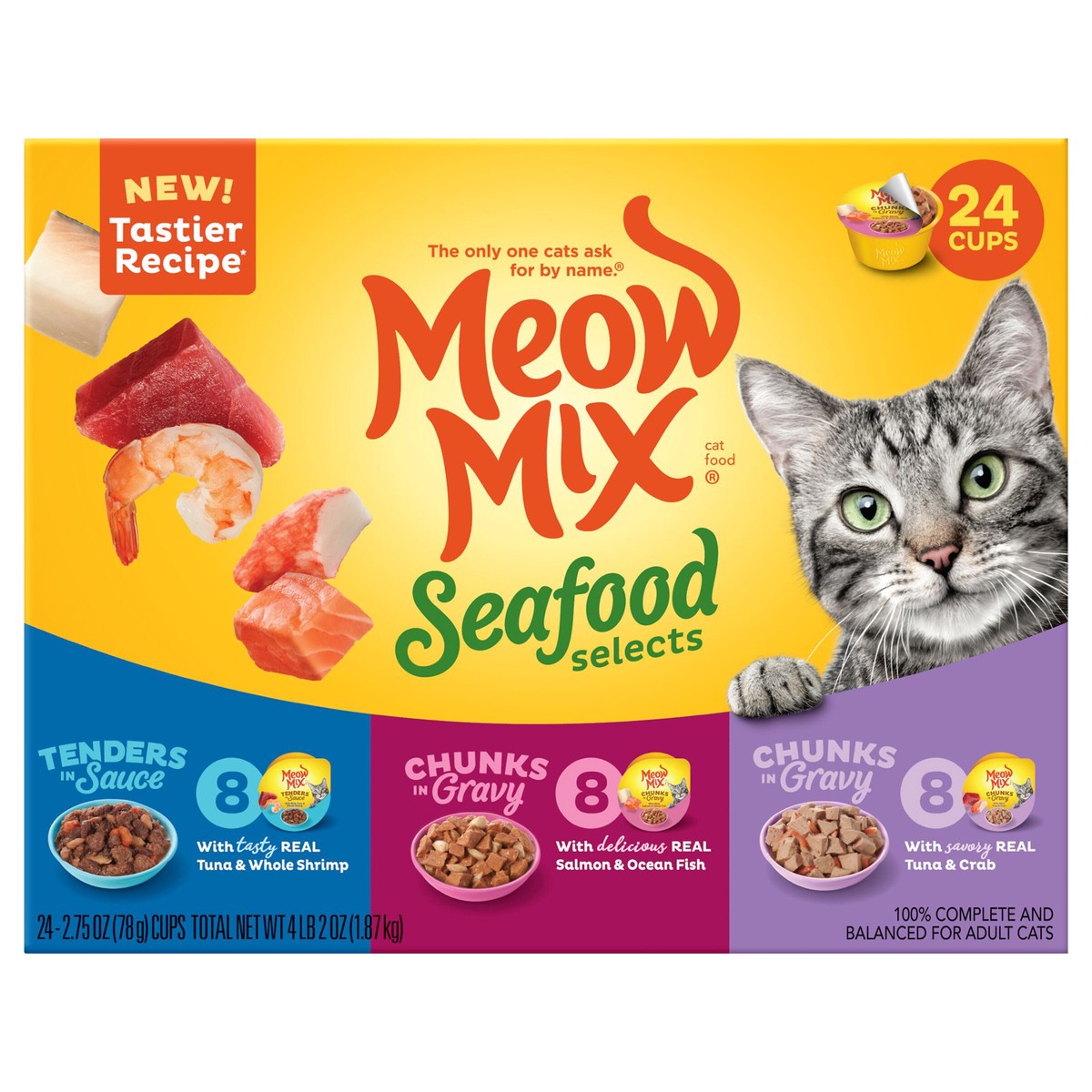 slide 1 of 27, Meow Mix Seafood Selects Wet Cat Food Variety Pack, 24 Cups, 2.75 Oz. Each (Packaging And Formulation Updates Underway), 24 ct