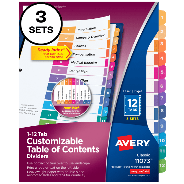 slide 9 of 9, Avery® Ready Index® 1-12 Tab Binder Dividers With Customizable Table Of Contents, 8-1/2"" x 11"", 12 Tab, White/Multicolor, Pack Of 3 Sets, 3 ct