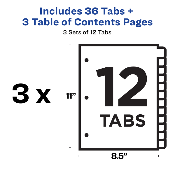 slide 4 of 9, Avery® Ready Index® 1-12 Tab Binder Dividers With Customizable Table Of Contents, 8-1/2"" x 11"", 12 Tab, White/Multicolor, Pack Of 3 Sets, 3 ct
