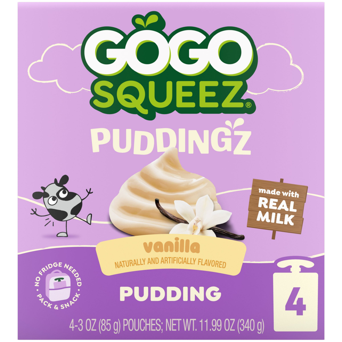 slide 1 of 5, GoGo squeeZ Puddingz On-the-Go Vanilla Pudding Snack Pouches, 4 Pack 3 oz, 4 ct