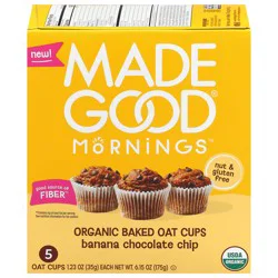 MadeGood Mornings Organic Baked Banana Chocolate Chip Oat Cups 5 - 1.23 oz Cups
