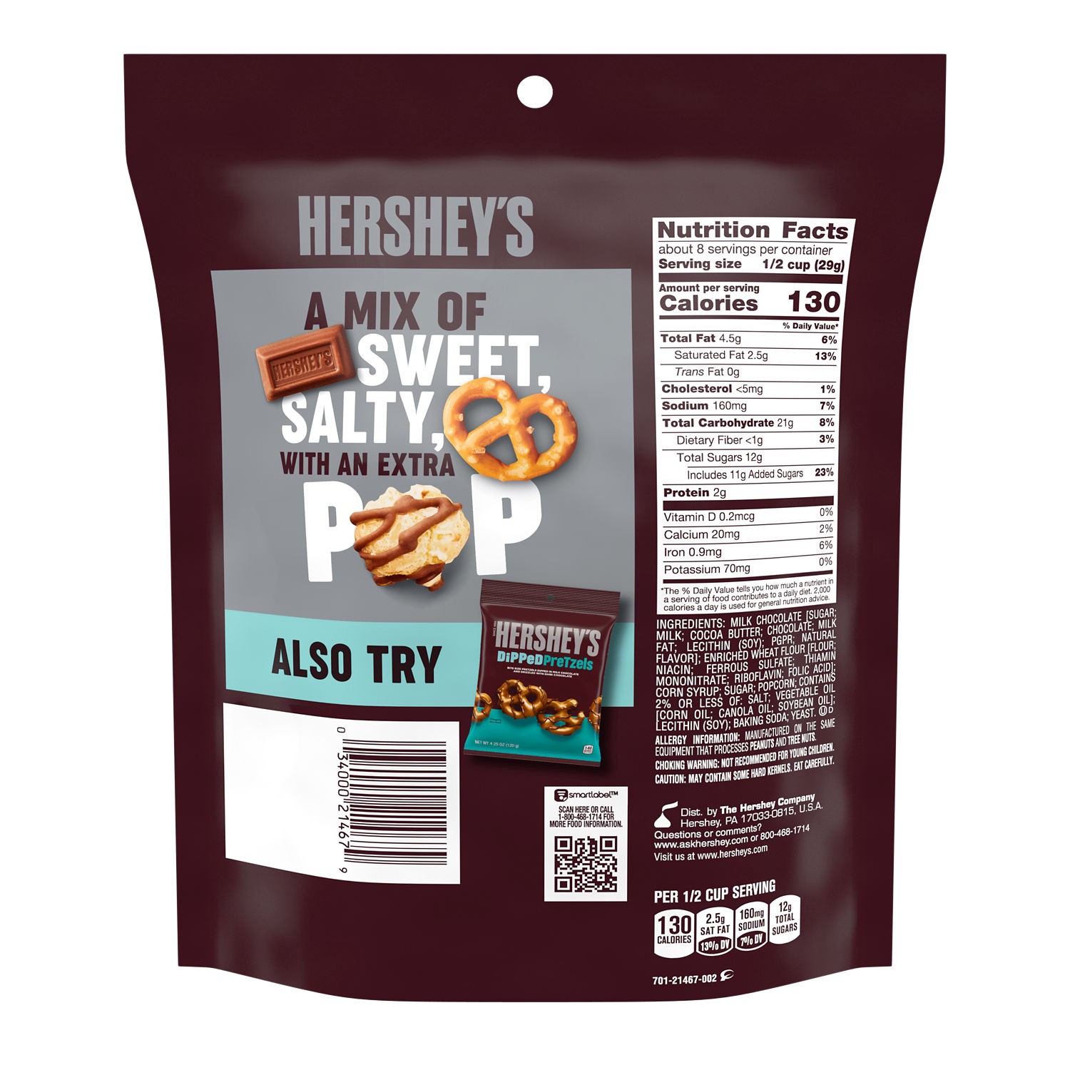 slide 4 of 4, HERSHEY'S Milk Chocolate, Popcorn and Pretzel Popped Snack Mix Bag, 8 oz, 8 oz