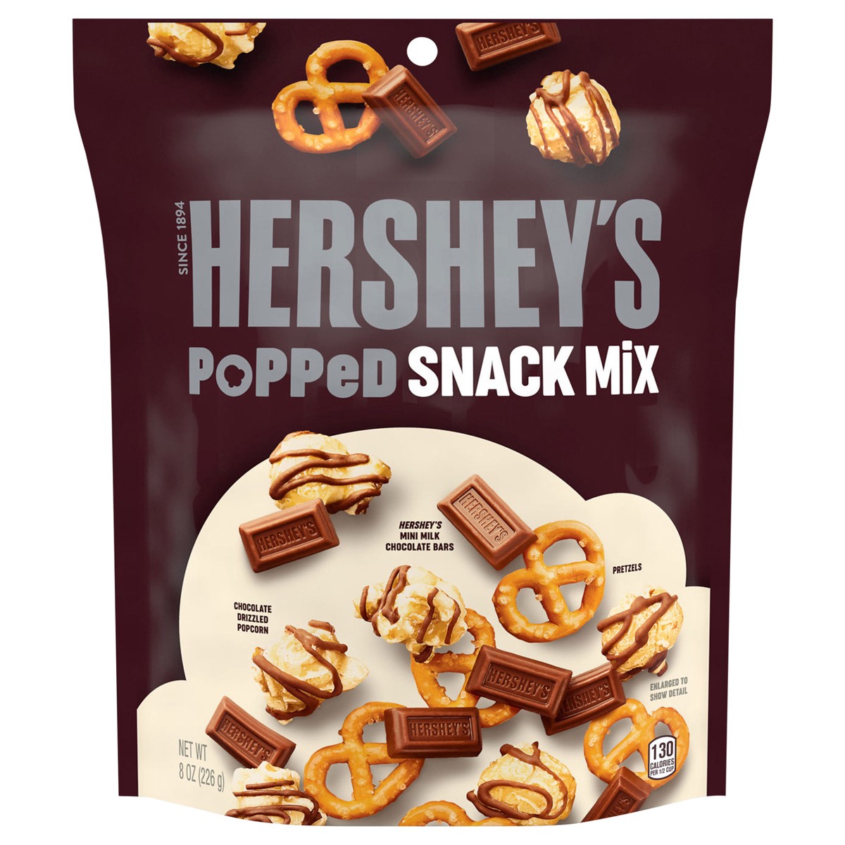 slide 1 of 4, HERSHEY'S Milk Chocolate, Popcorn and Pretzel Popped Snack Mix Bag, 8 oz, 8 oz