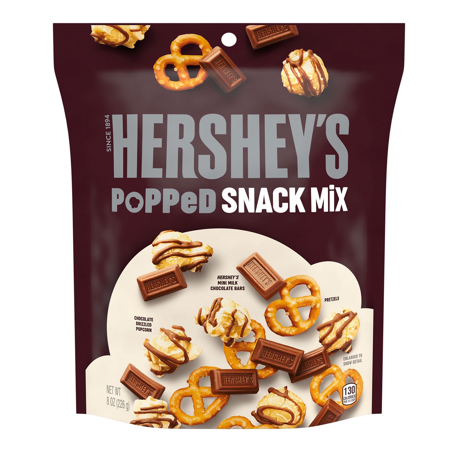 slide 1 of 4, Hershey's Milk Chocolate, Popcorn and Pretzel Popped Snack Mix Bag, 8 oz, 8 oz