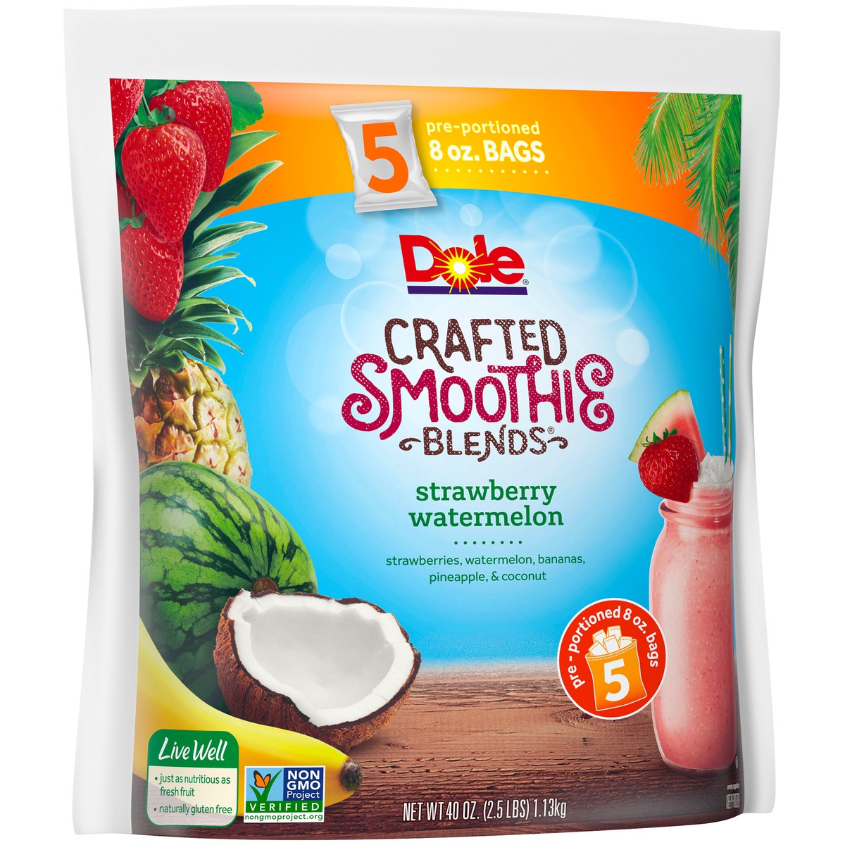 slide 2 of 9, DOLE CRAFTED SMOOTHIE BLENDS, Strawberry Watermelon, 40 Ounce Bag with 5 Pre-Portioned Packets, 40 oz