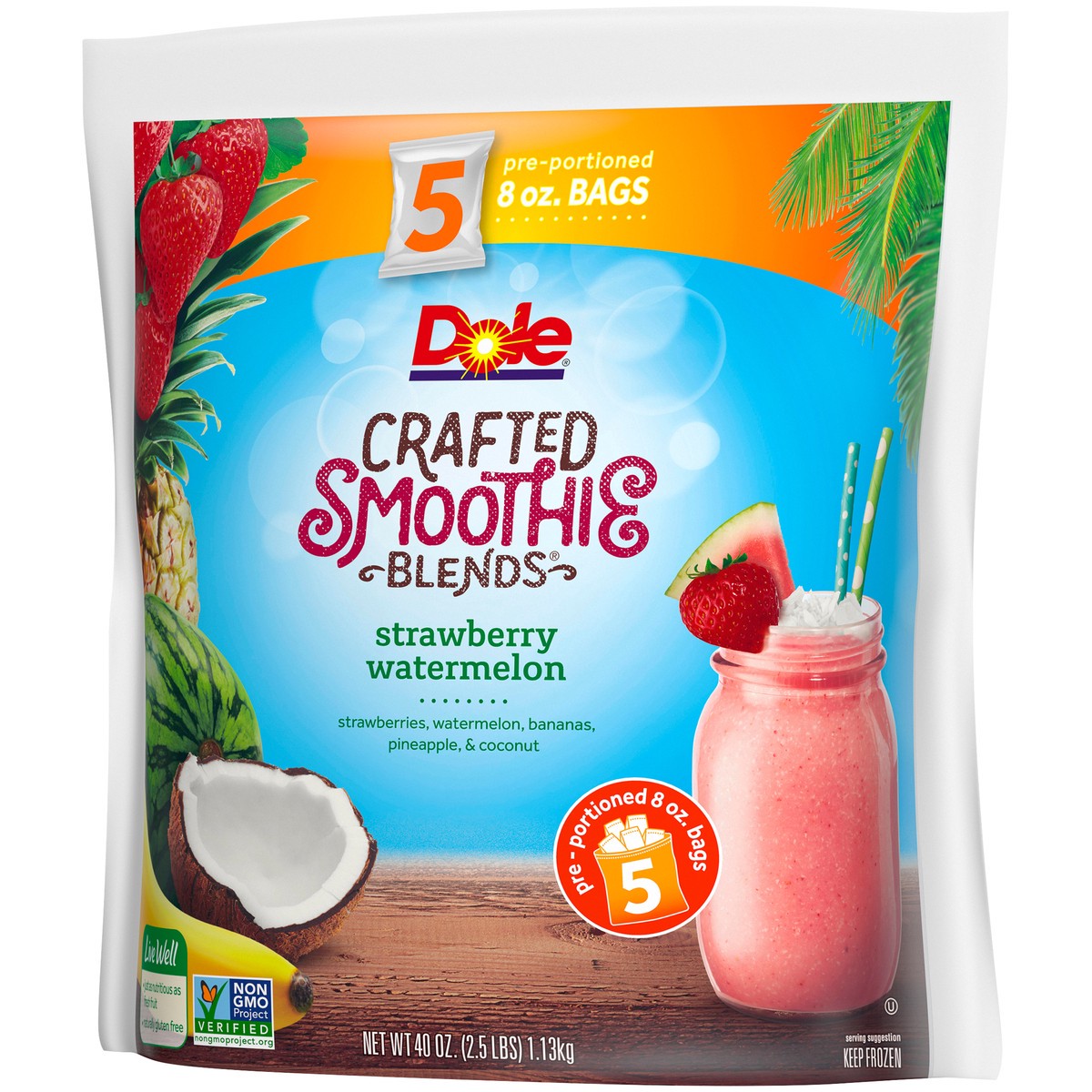 slide 3 of 9, DOLE CRAFTED SMOOTHIE BLENDS, Strawberry Watermelon, 40 Ounce Bag with 5 Pre-Portioned Packets, 40 oz