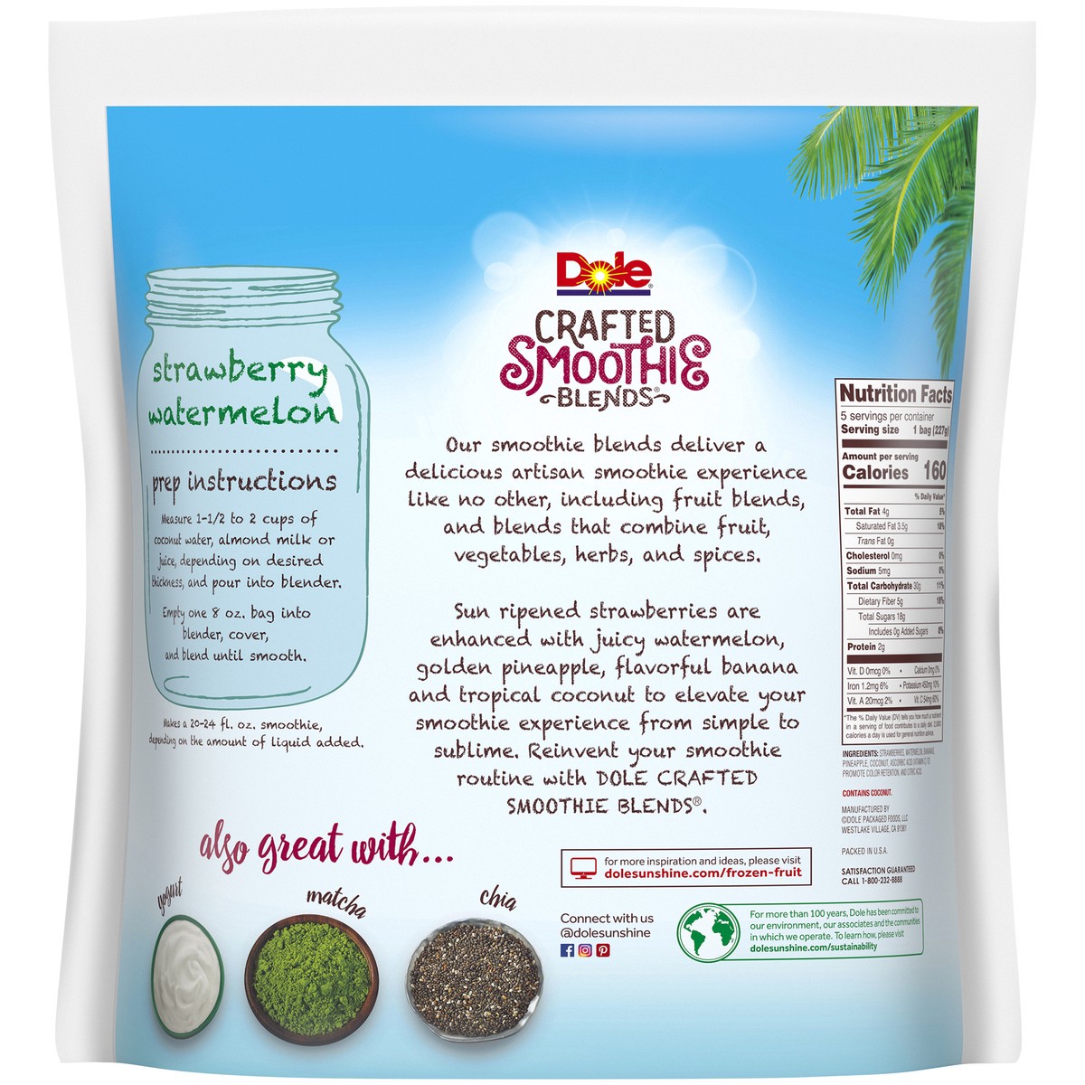 slide 5 of 9, DOLE CRAFTED SMOOTHIE BLENDS, Strawberry Watermelon, 40 Ounce Bag with 5 Pre-Portioned Packets, 40 oz