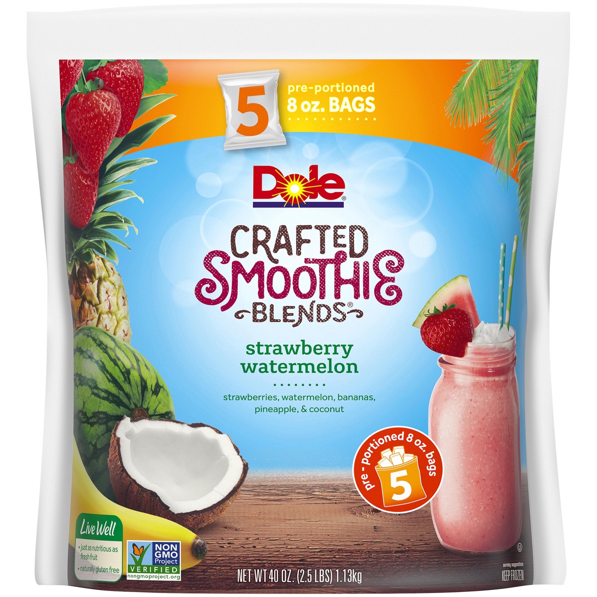 slide 6 of 9, DOLE CRAFTED SMOOTHIE BLENDS, Strawberry Watermelon, 40 Ounce Bag with 5 Pre-Portioned Packets, 40 oz