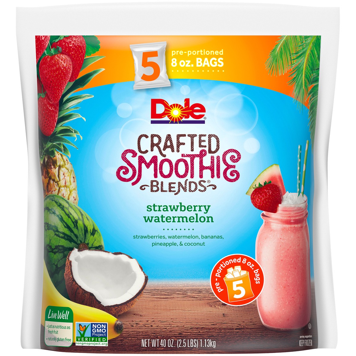 slide 1 of 9, DOLE CRAFTED SMOOTHIE BLENDS, Strawberry Watermelon, 40 Ounce Bag with 5 Pre-Portioned Packets, 40 oz