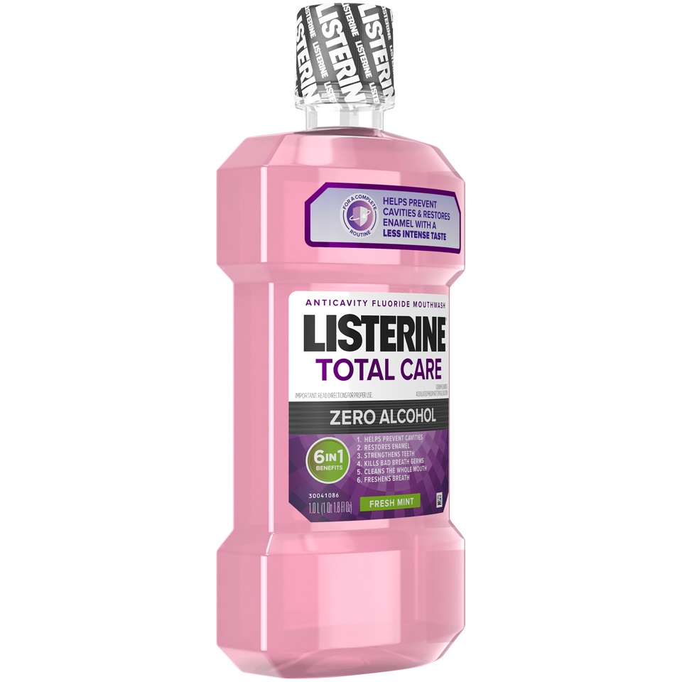 slide 2 of 6, Listerine Total Care Alcohol-Free Anticavity Fluoride Mouthwash, 6 Benefit Oral Rinse to Help Kill 99% of Germs that Cause Bad Breath, Strengthen Enamel, Fresh Mint Flavor, 1 liter