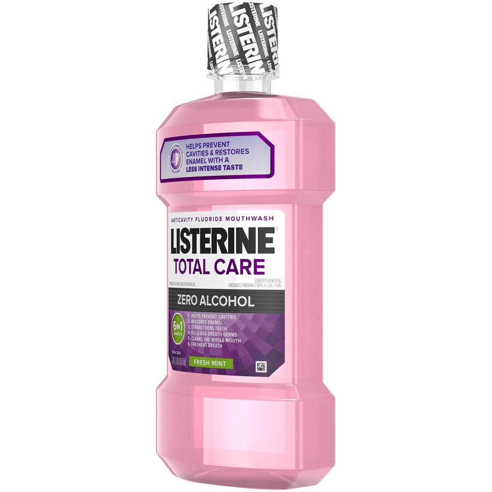 slide 3 of 6, Listerine Total Care Alcohol-Free Anticavity Fluoride Mouthwash, 6 Benefit Oral Rinse to Help Kill 99% of Germs that Cause Bad Breath, Strengthen Enamel, Fresh Mint Flavor, 1 liter