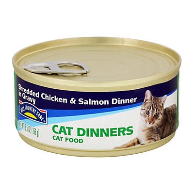 slide 1 of 1, Hill Country Fare Cat Dinners Shredded Chicken and Salmon Dinner in Gravy, 5.5 oz