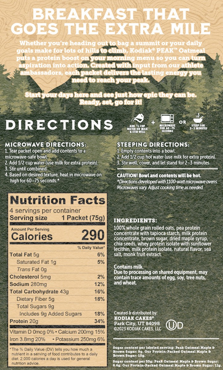 slide 4 of 12, Kodiak Cakes PEAK Oatmeal Packets, Maple Brown Sugar, 13.23 oz/5 ct, 4 ct