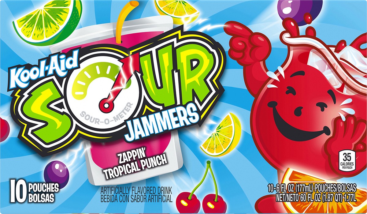 slide 8 of 10, Kool-Aid Jammers Sours Tropical Pucker Punch Juice Drink, 10 ct Box, 60 fl oz