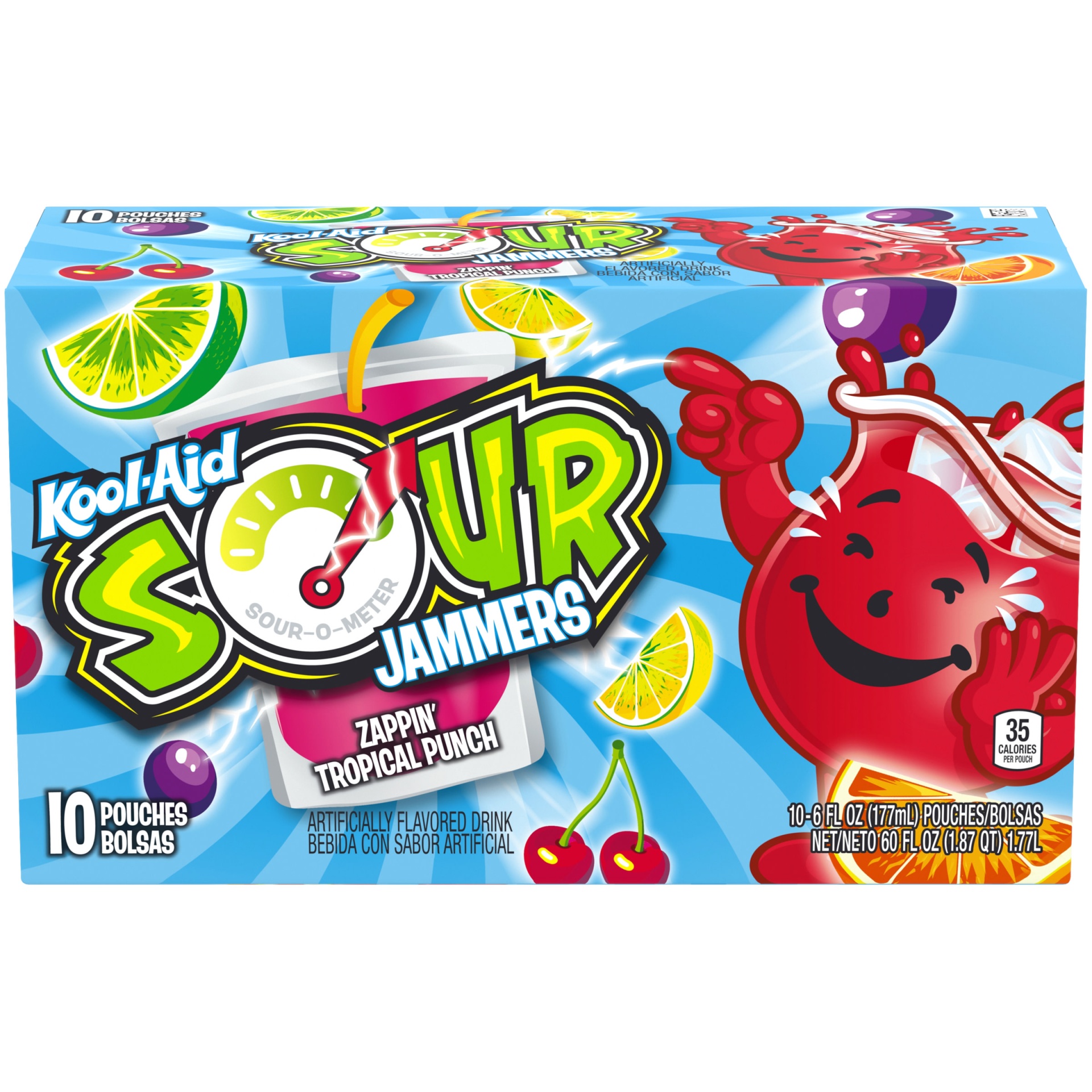 slide 1 of 1, Kool-Aid Sour Jammers Zappin' Tropical Punch Artificially Flavored Soft Drink Pouches, 10 ct; 6 oz