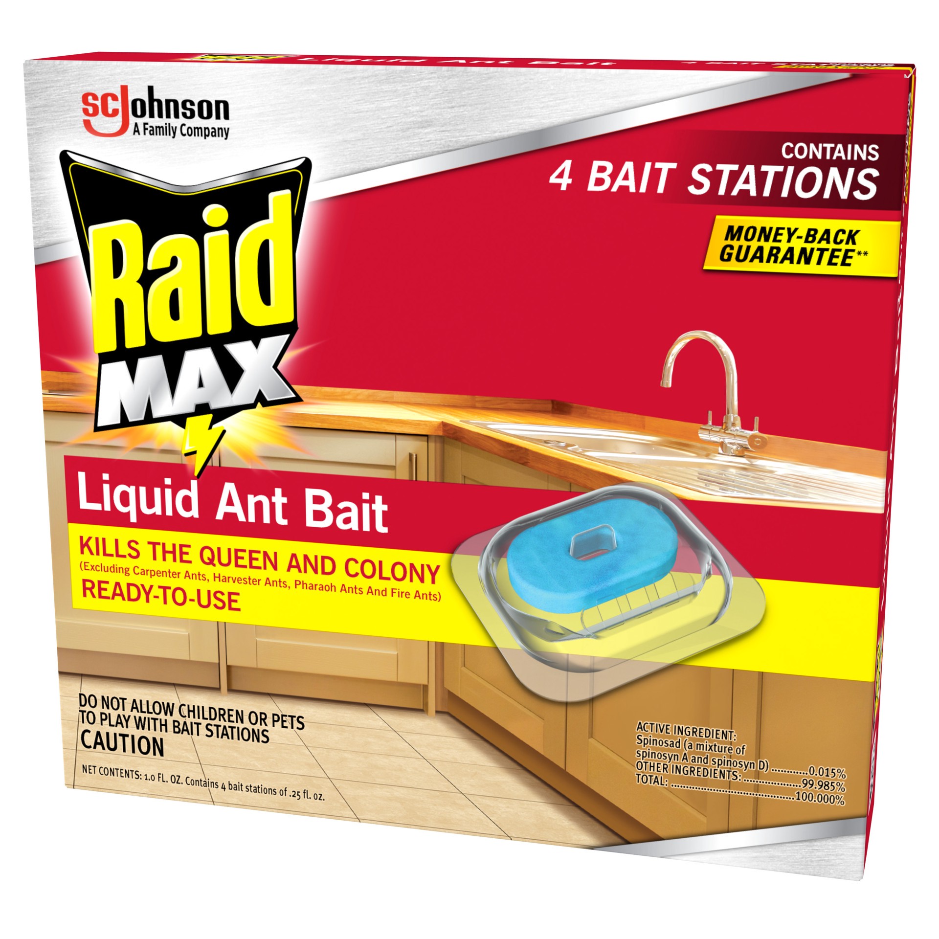 slide 4 of 5, Raid Max Liquid Ant Bait, Kills the Colony, Ant Poison Bait Stations for Home, 4 Count, 1 ct