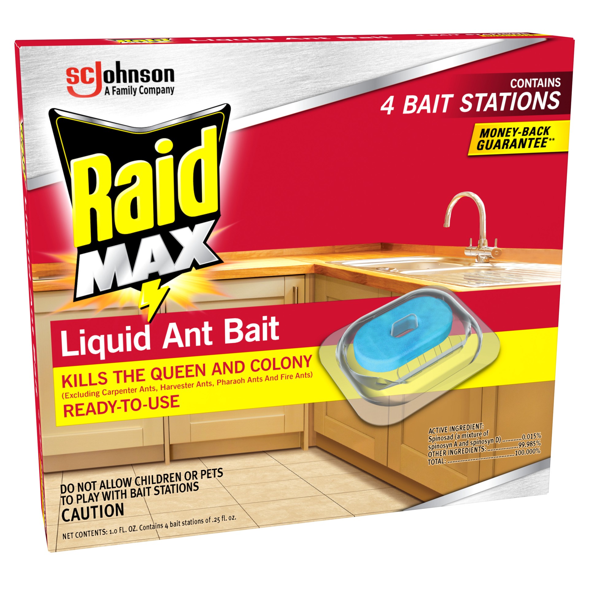 slide 3 of 5, Raid Max Liquid Ant Bait, Kills the Colony, Ant Poison Bait Stations for Home, 4 Count, 1 ct