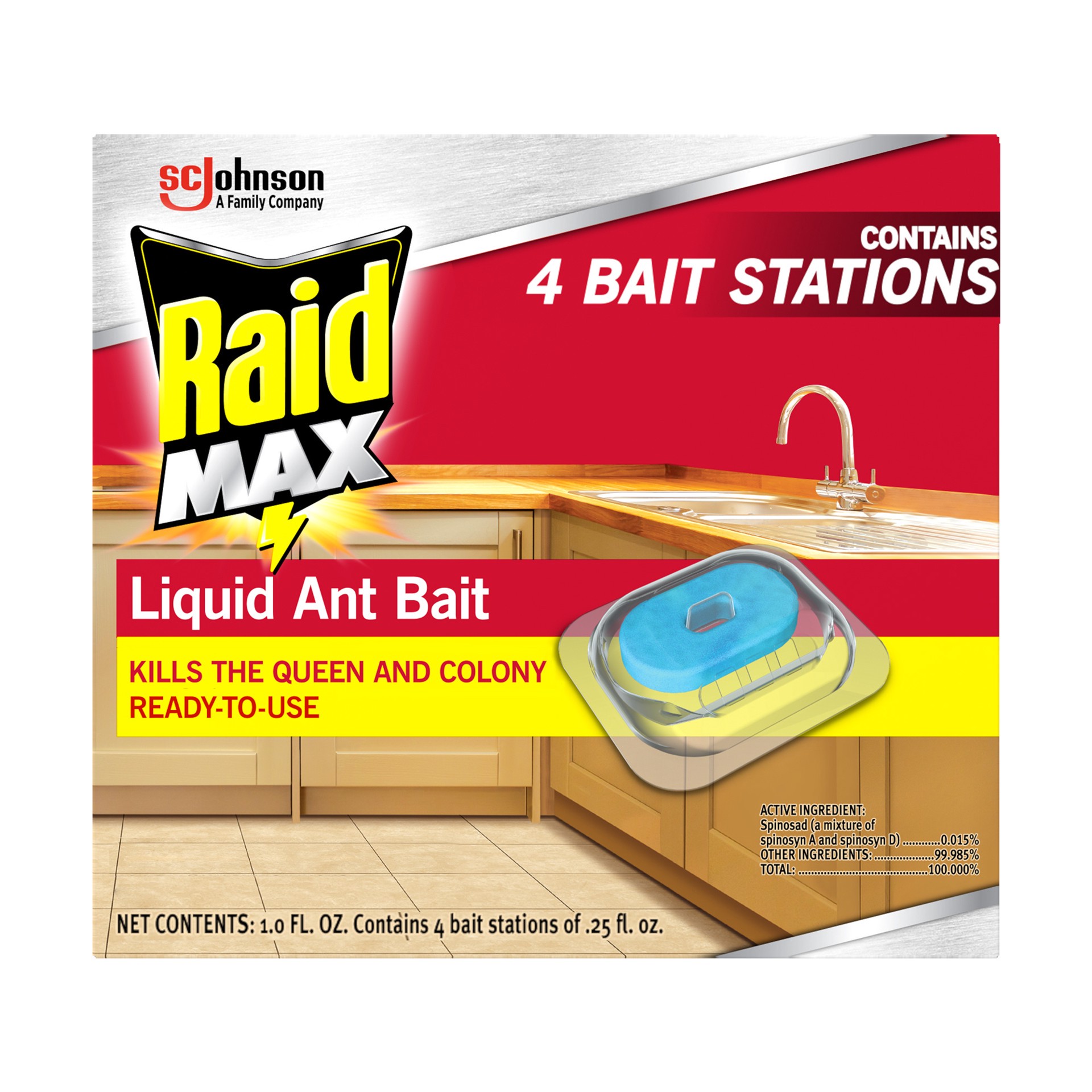 slide 2 of 5, Raid Max Liquid Ant Bait, Kills the Colony, Ant Poison Bait Stations for Home, 4 Count, 1 ct