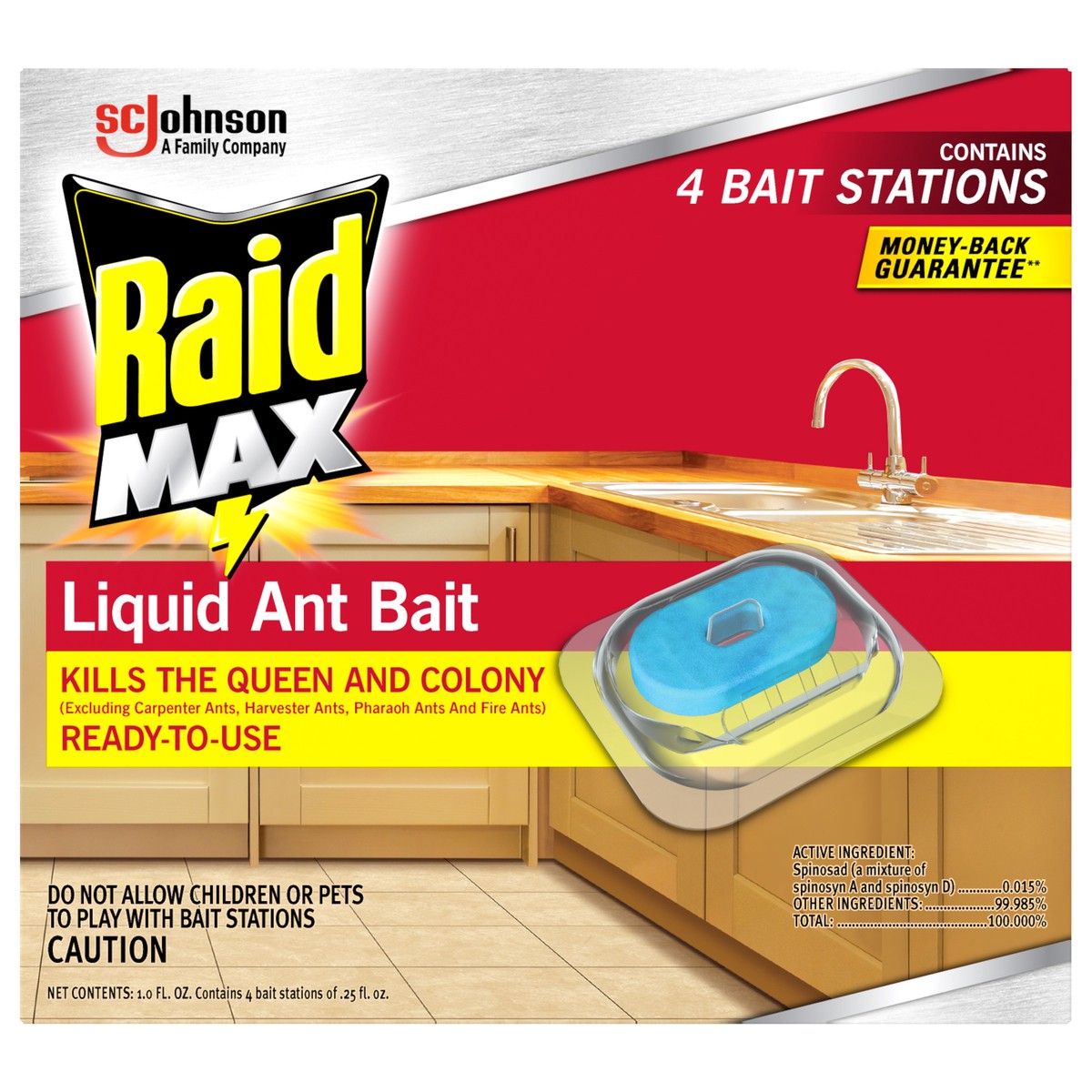 slide 1 of 5, Raid Max Liquid Ant Bait, Kills the Colony, Ant Poison Bait Stations for Home, 4 Count, 1 ct
