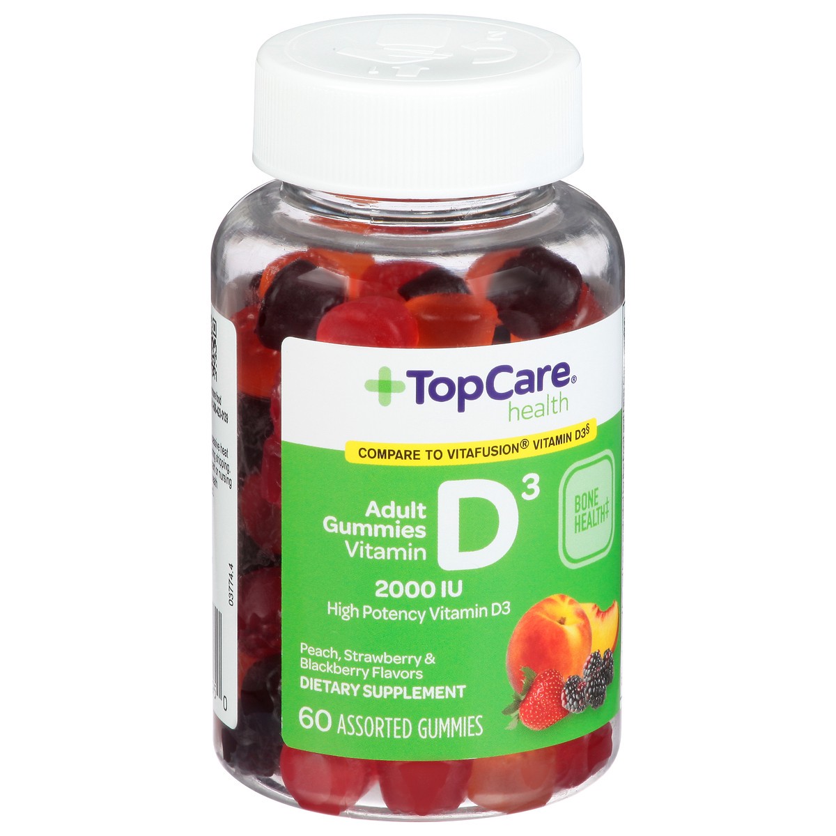 slide 9 of 9, TopCare Health 2000 IU Peach, Strawberry & Blackberry Flavors Vitamin D3 60 Adult Gummies, 60 ct