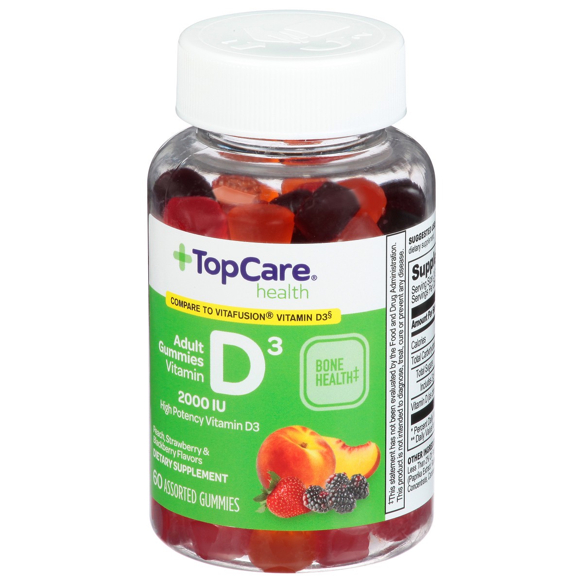 slide 8 of 9, TopCare Health 2000 IU Peach, Strawberry & Blackberry Flavors Vitamin D3 60 Adult Gummies, 60 ct