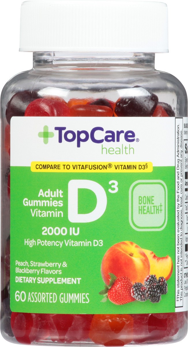slide 3 of 9, TopCare Health 2000 IU Peach, Strawberry & Blackberry Flavors Vitamin D3 60 Adult Gummies, 60 ct