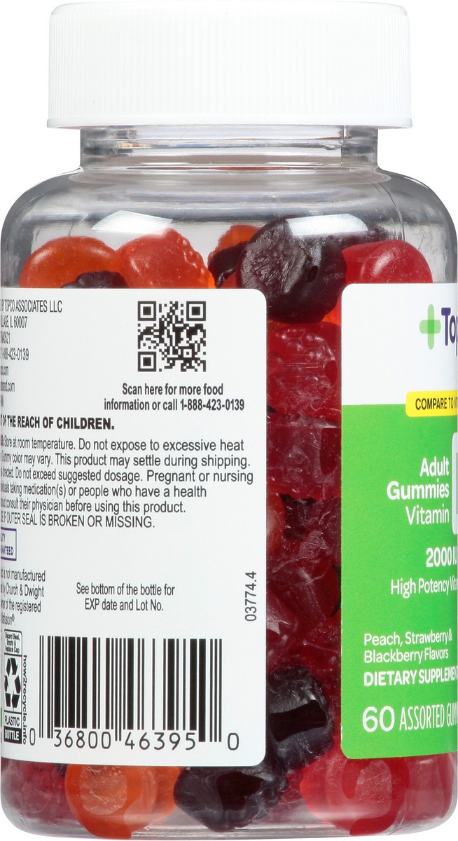 slide 7 of 9, TopCare Health 2000 IU Peach, Strawberry & Blackberry Flavors Vitamin D3 60 Adult Gummies, 60 ct
