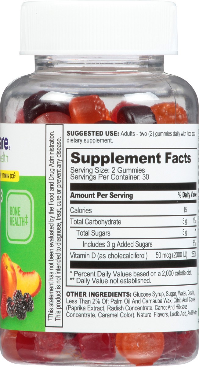slide 6 of 9, TopCare Health 2000 IU Peach, Strawberry & Blackberry Flavors Vitamin D3 60 Adult Gummies, 60 ct