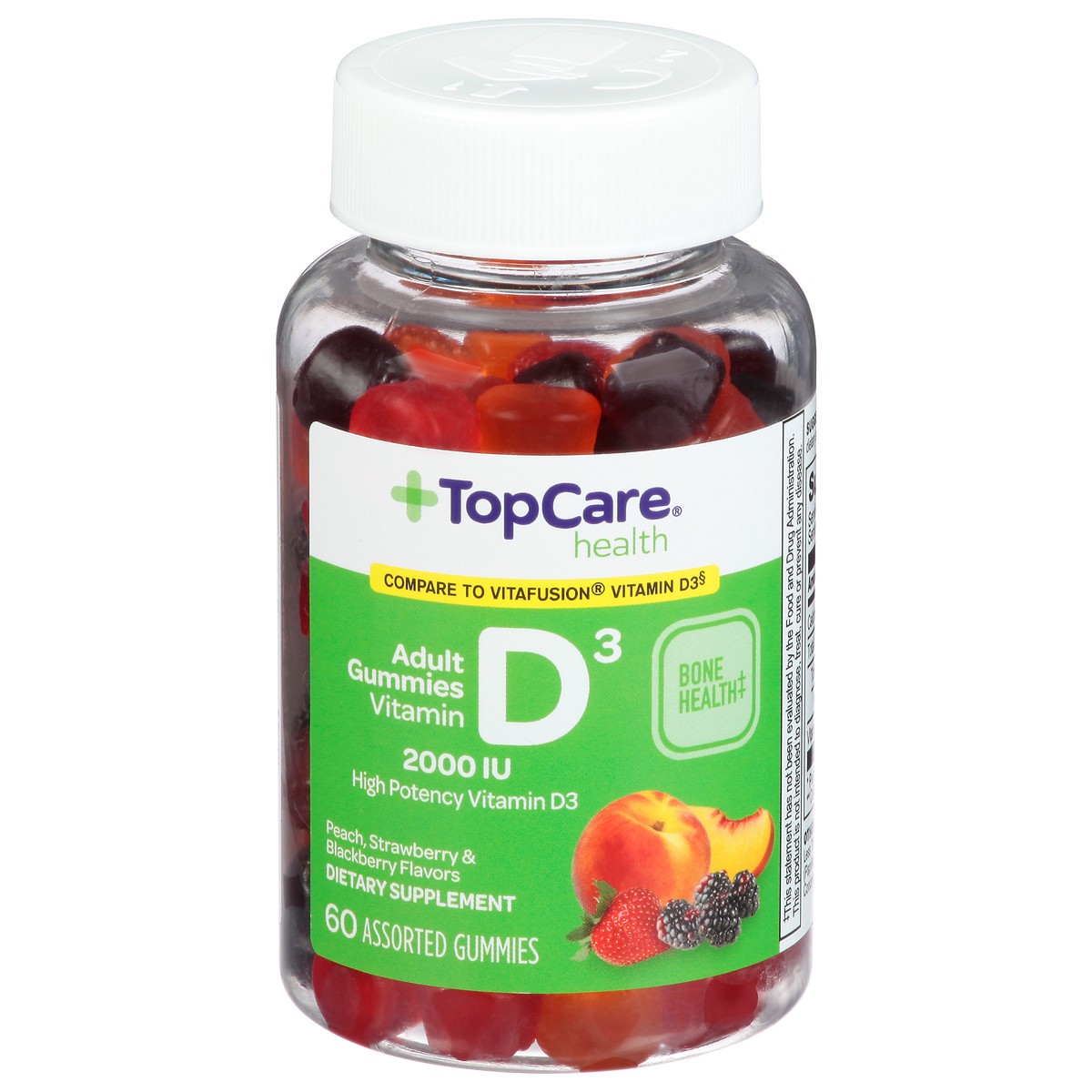 slide 1 of 9, TopCare Health 2000 IU Peach, Strawberry & Blackberry Flavors Vitamin D3 60 Adult Gummies, 60 ct