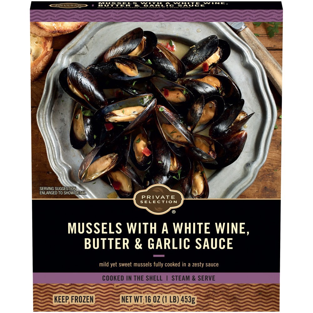 slide 1 of 6, Private Selection White Wine & Garlic Mussels, 1 lb