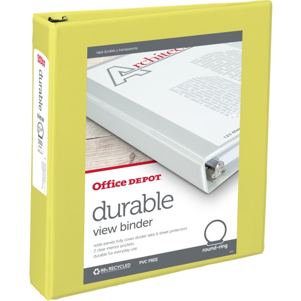 slide 1 of 3, Office Depot Brand Durable View Round-Ring Binders, 1-1/2'' Round Rings, Yellow, Pack Of 12 Binders, 12 ct