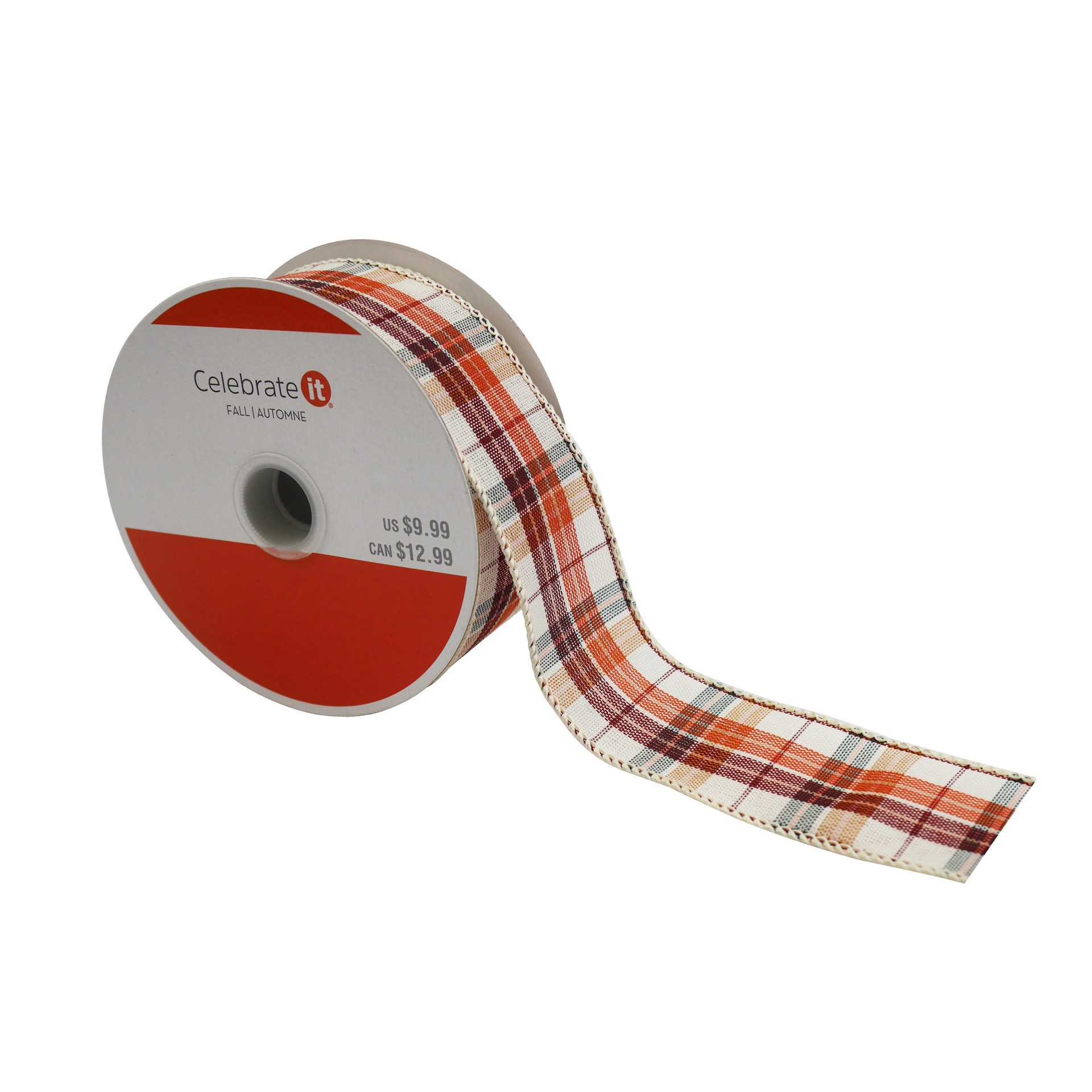 slide 2 of 3, 1.5" X 10yd. Orange & White Plaid Faux Linen Wired Ribbon By Celebrate It, 1.5 in x 10 yd