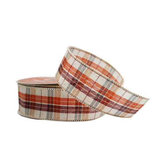 slide 1 of 3, 1.5" X 10yd. Orange & White Plaid Faux Linen Wired Ribbon By Celebrate It, 1.5 in x 10 yd