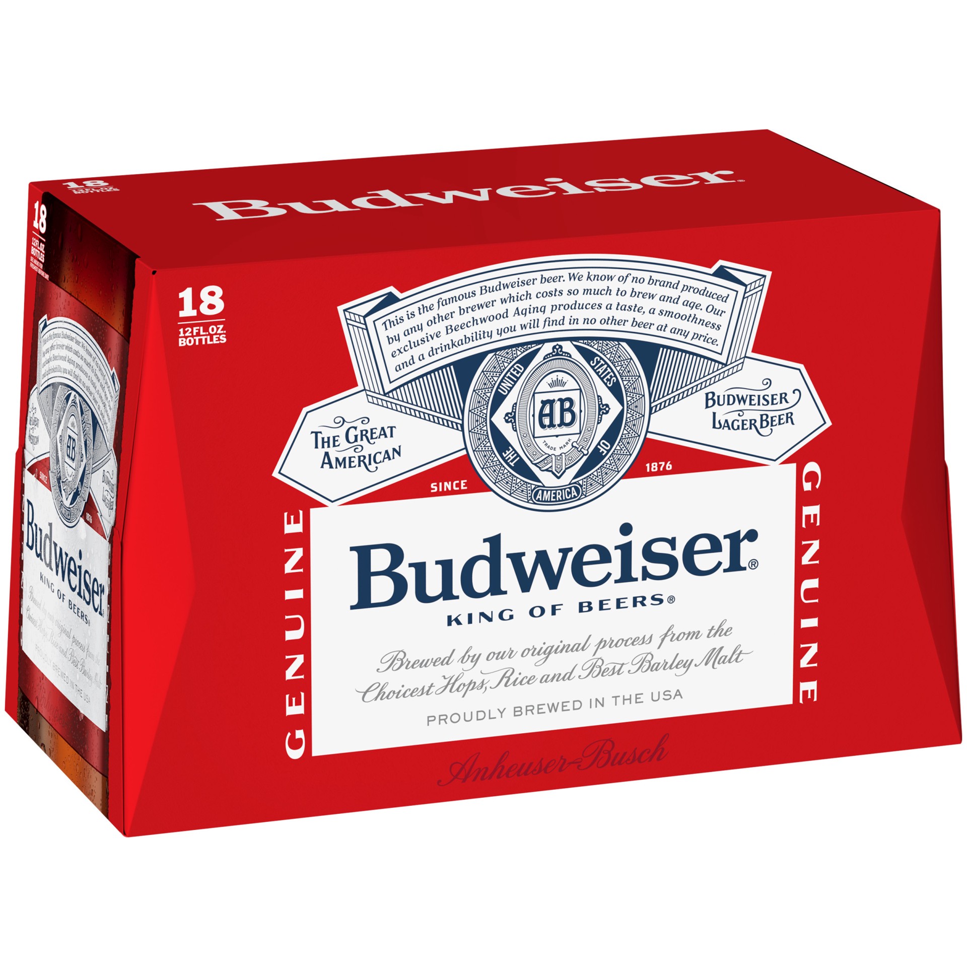 slide 1 of 39, Budweiser Beer, 18 Pack Beer, 12 FL OZ Bottles, 18 ct; 12 oz