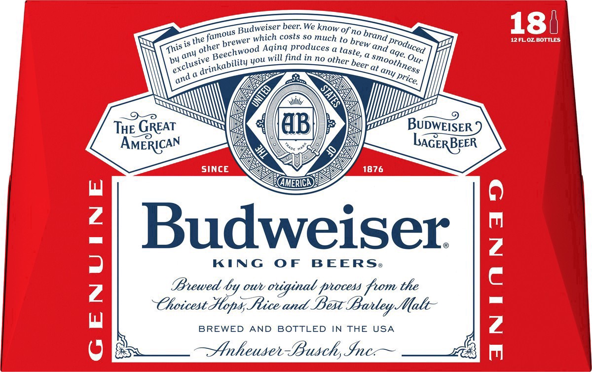 slide 34 of 39, Budweiser Beer, 18 Pack Beer, 12 FL OZ Bottles, 5% ABV, 18 ct; 12 oz