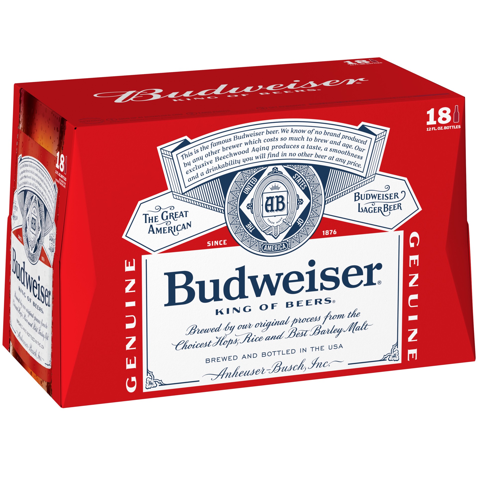 slide 1 of 39, Budweiser Beer, 18 Pack Beer, 12 FL OZ Bottles, 5% ABV, 18 ct