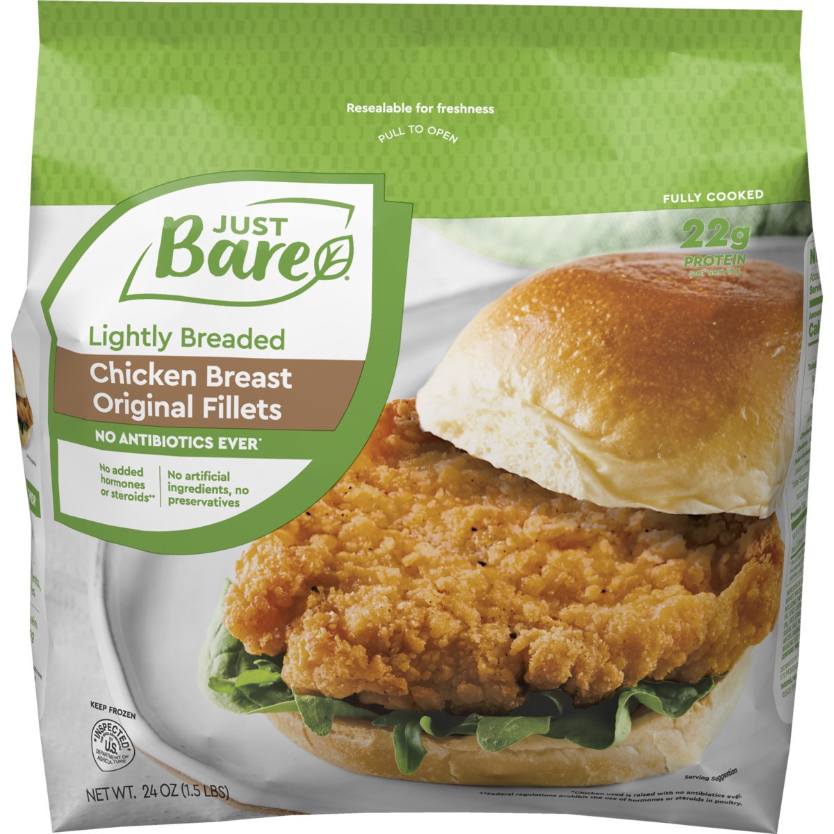 slide 1 of 9, Just BARE Lightly Breaded Chicken Breast Fillets, 1.5 lb