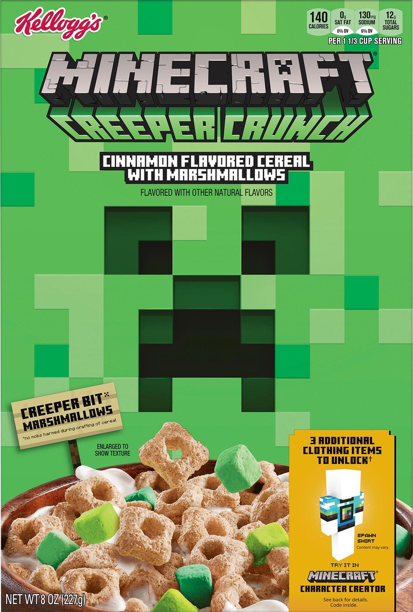 slide 8 of 12, Kellogg's Minecraft Creeper Crunch Breakfast Cereal, 7 Vitamins and Minerals, Kids Snacks, Cinnamon with Marshmallows, 8oz, 1 Box, 8 oz
