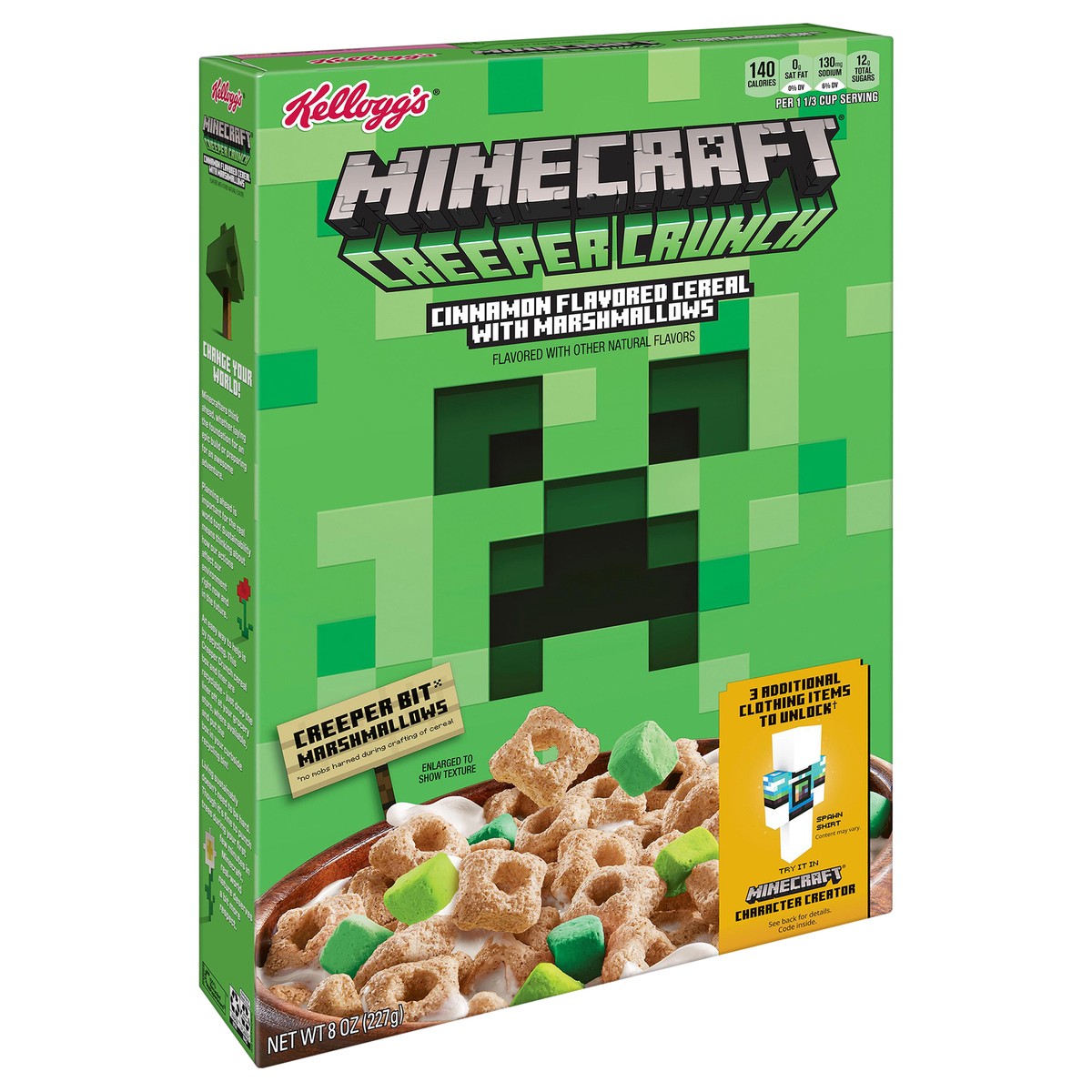 slide 4 of 12, Kellogg's Minecraft Creeper Crunch Breakfast Cereal, 7 Vitamins and Minerals, Kids Snacks, Cinnamon with Marshmallows, 8oz, 1 Box, 8 oz