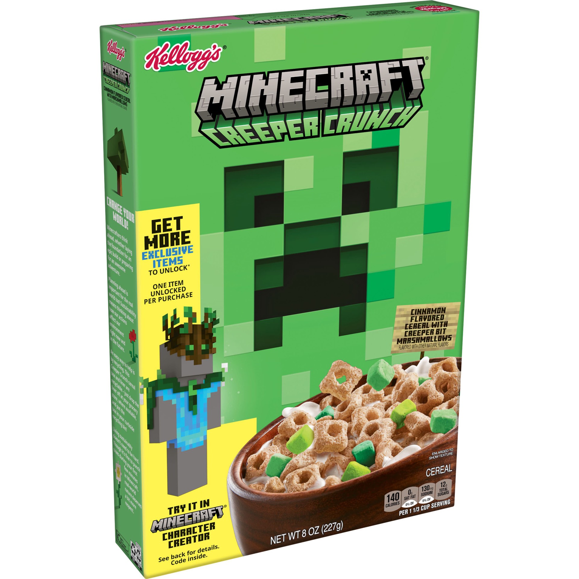 slide 1 of 12, Kellogg's Minecraft Creeper Crunch Breakfast Cereal, 7 Vitamins and Minerals, Kids Snacks, Cinnamon with Marshmallows, 8oz, 1 Box, 8 oz