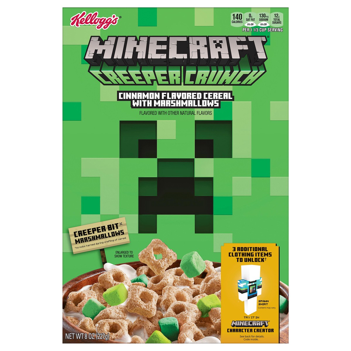 slide 1 of 12, Kellogg's Minecraft Creeper Crunch Breakfast Cereal, 7 Vitamins and Minerals, Kids Snacks, Cinnamon with Marshmallows, 8oz, 1 Box, 8 oz