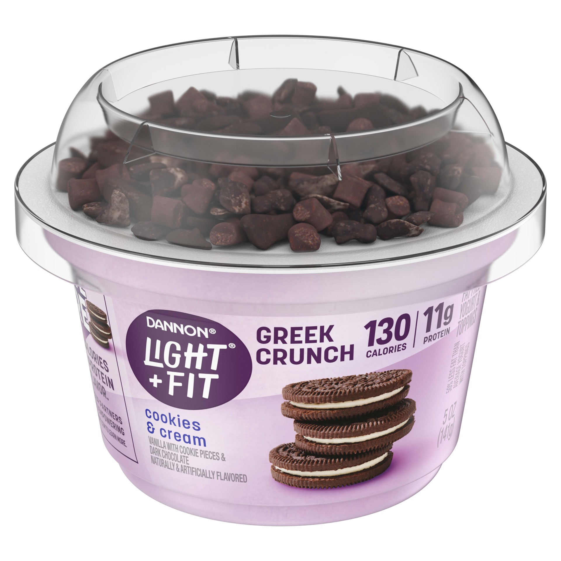 slide 5 of 5, Light + Fit Dannon Light + Fit Greek Crunch Nonfat Yogurt with Toppers, Cookies & Cream, 5 oz., 5 oz