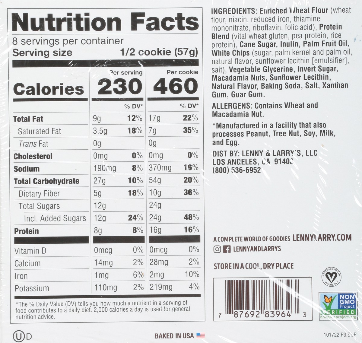 slide 9 of 9, Lenny & Larry's The Complete Cookie, White Chocolate Flavored Macadamia, 4oz- 4ct, 16 oz