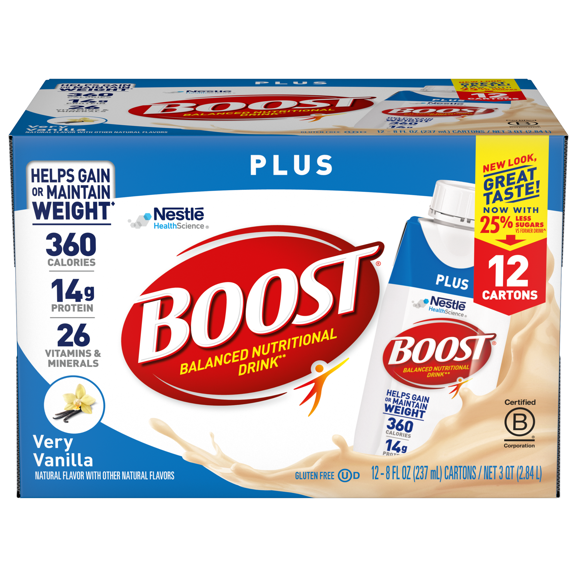 slide 1 of 9, BOOST Plus Ready to Drink Nutritional Drink, Very Vanilla, 14 g Protein, 12 - 8 fl oz Cartons, 12 ct; 8 fl oz