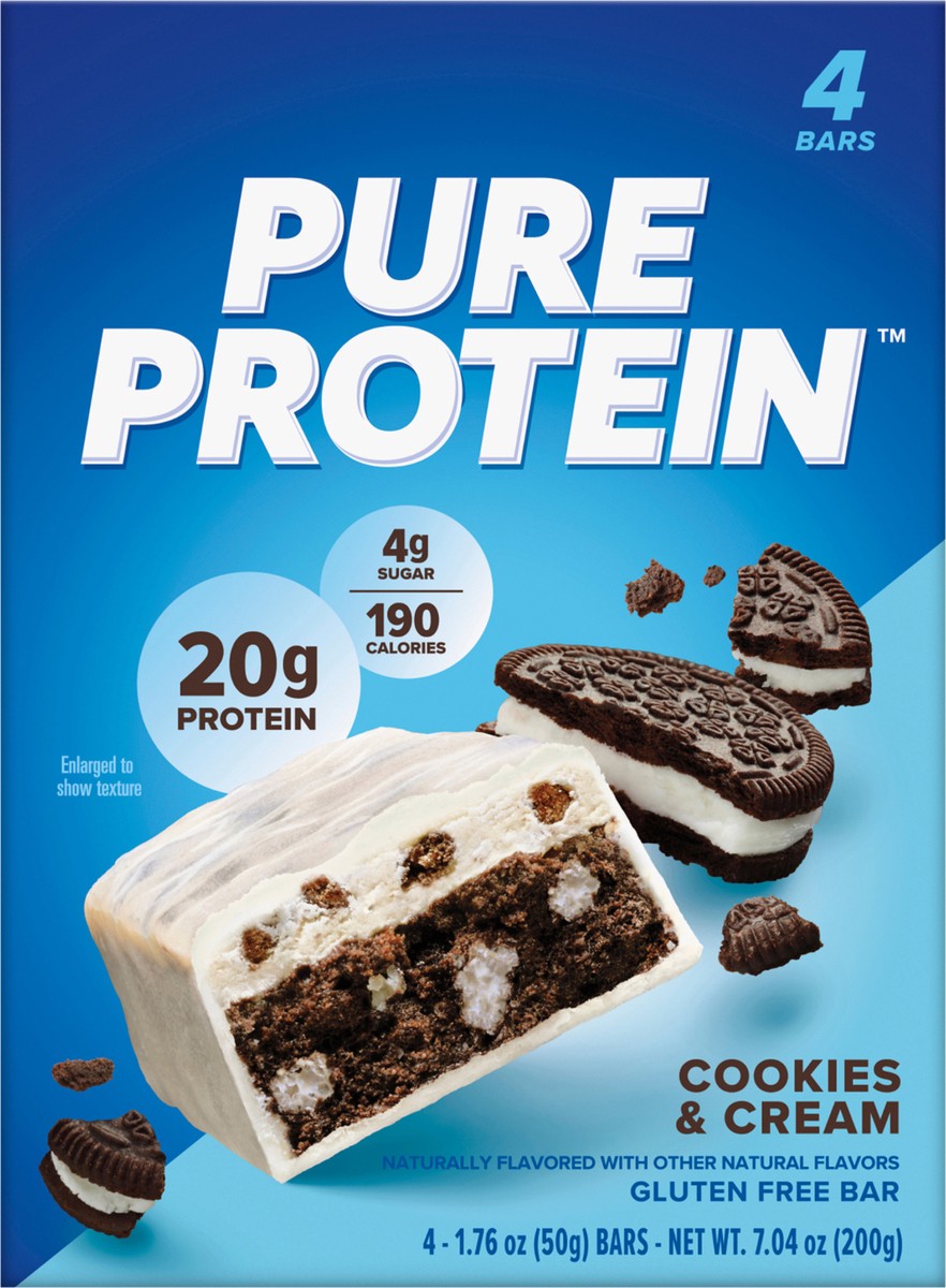 slide 4 of 14, Pure Protein Bars, High Protein, Nutritious Snack, Cookies and Cream, 20g Protein, 4 Count, 4 ct