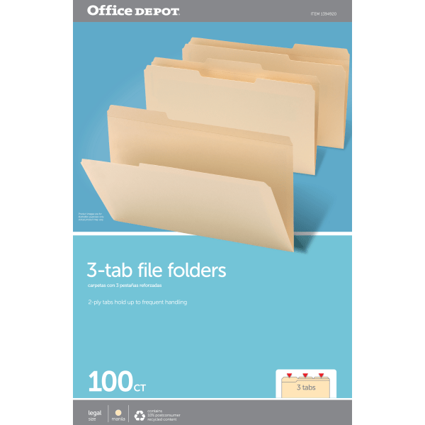 slide 3 of 3, Office Depot Brand Reinforced File Folders, 1/3-Cut Tabs, Legal Size, Manila, Box Of 100, 100 ct