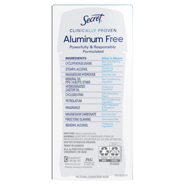 slide 15 of 29, Secret Clinically Proven Aluminum Free Deodorant for Women Cherry Blossom & Bergamot, 2.4 oz